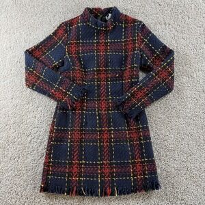 Pink & Flare Dress Womens M Blue Plaid Tweed Long Sleeve Mock Neck Fringe
